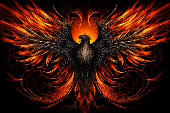 Cool fiery orange and coal black fractal patterns of a phoenix rising formed by recursive algorithms, illustrating self-similarity across scale --ar 3:2