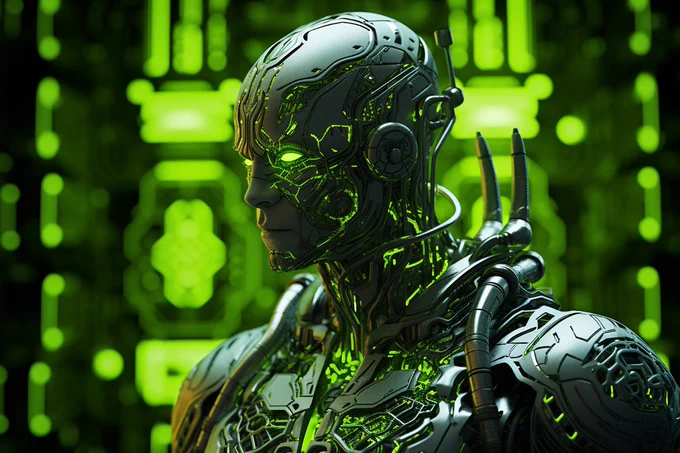 Cool silver and neon green fractal patterns of a cyborg warrior formed by recursive algorithms, illustrating self-similarity across scale --ar 3:2 --style raw