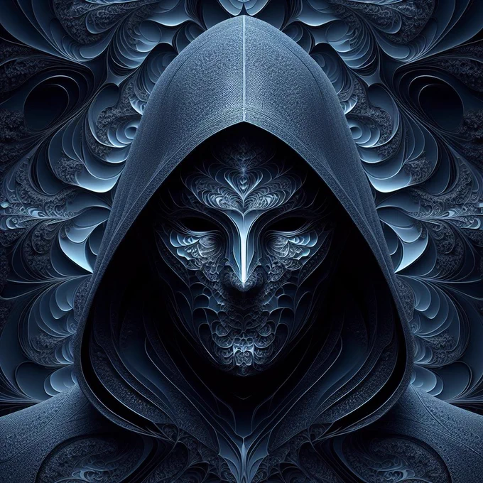 Cool midnight blue and gunmetal grey fractal patterns of a hooded assassin formed by recursive algorithms, illustrating self-similarity across scale