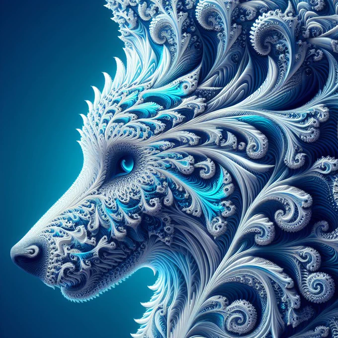 Cool ice blue and frost white fractal patterns of a winter wolf formed by recursive algorithms, illustrating self-similarity across scale