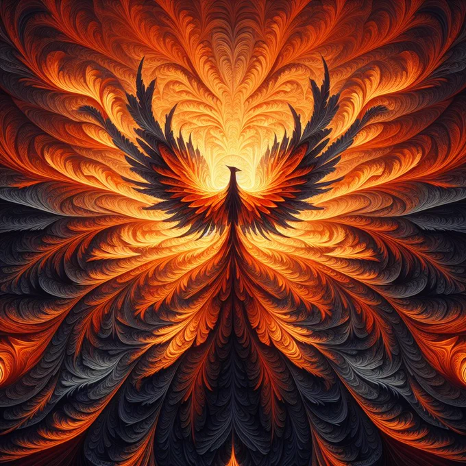 Cool fiery orange and coal black fractal patterns of a phoenix rising formed by recursive algorithms, illustrating self-similarity across scale