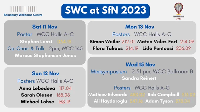 List of SWC researchers presenting a talk or poster at SfN 2023. 
Sat 11 Nov:
Poster, WCC Halls A-C: Stephen Lenzi 034.13
Co-Chair & Talk, 2pm in WCC 145: Marcus Stephenson-Jones
Sun 12 Nov:
Posters, WCC Halls A-C:
Anna Lebedeva 117.04
Sarah Olesen 168.08
Michael Lohse 168.19
Mon 13 Nov:
Posters, WCC Halls A-C:
Simon Weiler 212.01
Mateo Velez-Fort 214.09
Flora Takacs 214.19
Lida Pentousi 236.09
Wed 15 Nov:
Minisymposium, 2.51pm in WCC Ballroom B: Sandra Reiner
Posters, WCC Halls A-C:
Mathew Edwards 480.02
Rob Campbell 513.02
Ali Haydaroglu 547.16
Adam Tyson 578.04