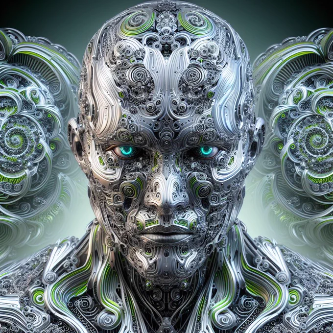 Cool silver and neon green fractal patterns of a cyborg warrior formed by recursive algorithms, illustrating self-similarity across scale
