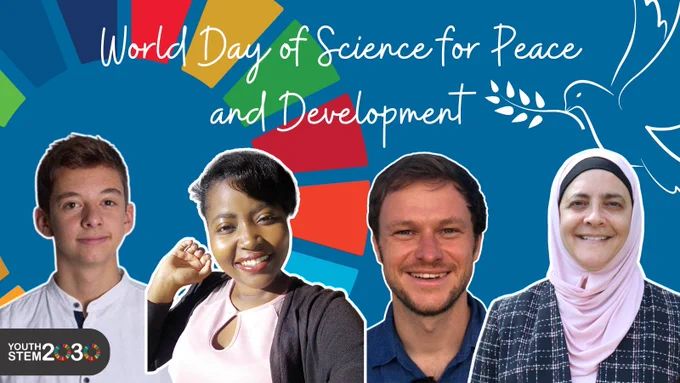 World Day of Science for Peace and Development.  Headshots of a diverse group of 4 people, who are each smiling.  Navy background, with background images of SDGs wheel icon and dove.