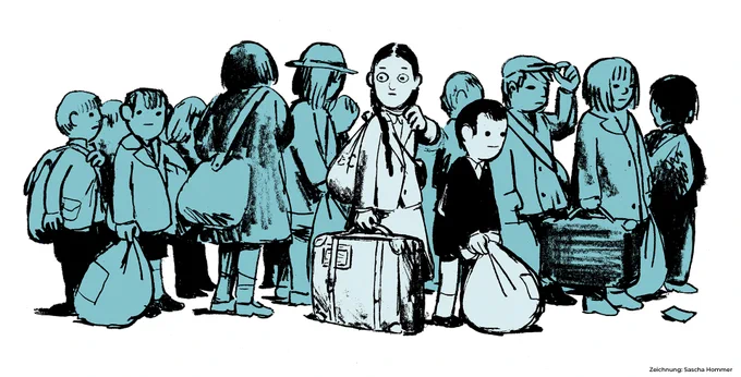Comiczeichnung: zwei Kinder mit Koffer und Kleidersack im Vordergrund, weitere Kinder blau schattiert im Hintergrund.