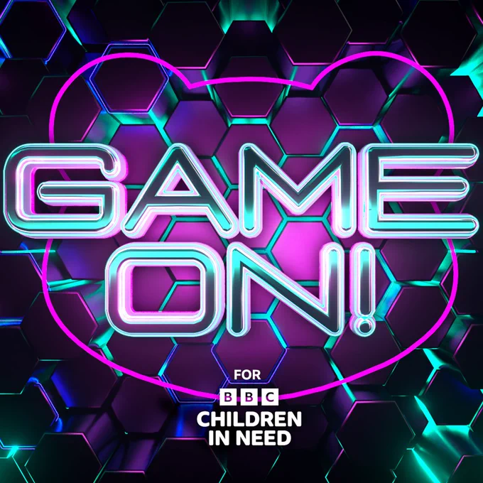 It's the GAME ON! For BBC Children in Need logo. Black, white, purple and teal colours, with a neon violet Pudsey head outline behind the text.