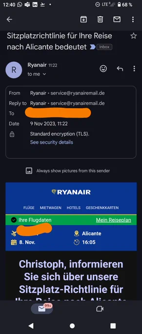 E-Mail mit Informationen zu meinem Flug am 8.11., gesendet am 9.11.