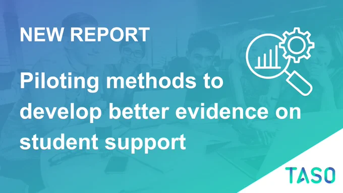 Blue / green background
Blue / green TASO logo
White magnifying glass with a graph inside and a mechanic wheel
Text reads: 
New report: Piloting methods to develop better evidence on support support