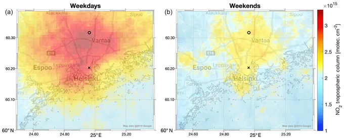 Graphics mapping NO2 tropospheric column (molecules/cm2) during weekdays (left) and weekends (right). Colour scale ranges from dark blue (lower values) to dark red (higher values). Urban Helsinki shows a drop in pollutants during weekends. Copyright: ESA, Ialongo et al.