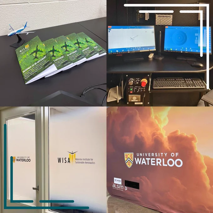 A collage of four images. The top left image is of a table with a model plane and five booklets on it. The top right image is of computer screens displaying data from the flight simulator. The bottom left image is of a door. The text on the door reads "University of Waterloo, WISA Waterloo Institute for Sustainable Aeronautics." The bottom right image is of the outside of the flight simulator. Text reads "University of Waterloo" positioned atop clouds in the sky.