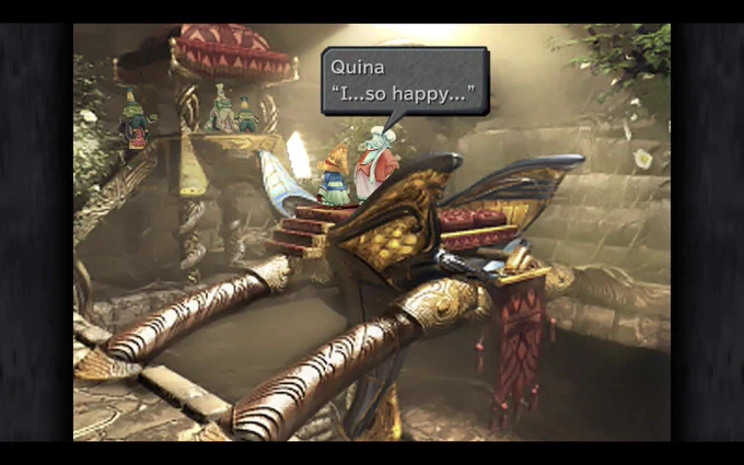 Quina and Vivi from Final Fantasy IX are getting "married". Quina, in their joy, declares "I... so happy...".