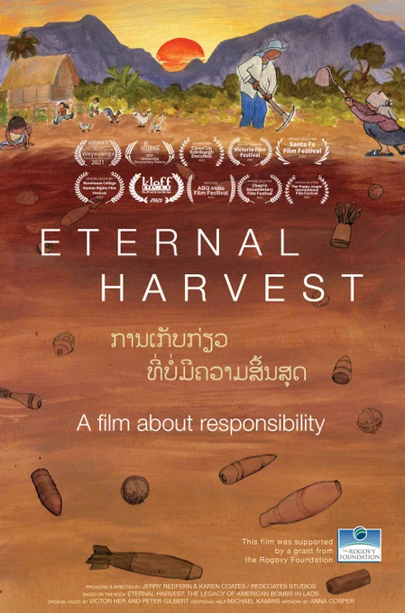 Poster for Eternal Harvest film showing title, festival laurels and image of people farming amid bombs
