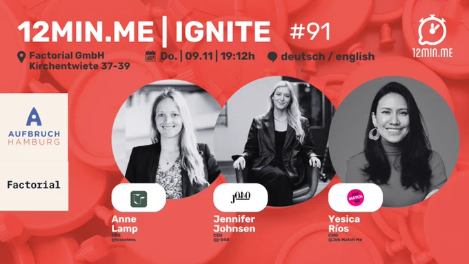 Image shows the event banner of the 12 minutes me networking events taking place on November 9th at Factorial in Hamburg with the three speakers Anne Lamp, Jennifer Johnsen and Yesica Ríos.