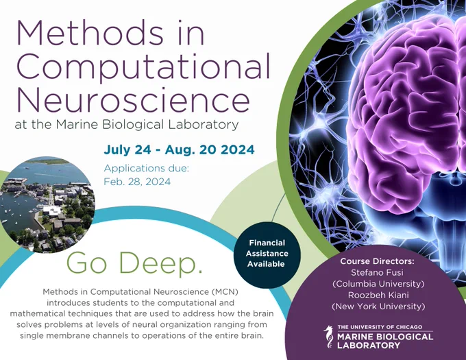A postcard advertising the 2024 Methods in Computational Neuroscience Advanced Research Training Course at the MBL. 

More info: go.mbl.edu/MCN
