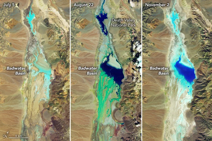Three panels of satellite images of the Badwater Basin on different days. The images are enhanced-color and show water in blue. In the first panel from July 5, the basin is mostly sandy brown with small, bright blue areas. In the second panel from August 22, the basin is filled with more teal areas and a larger dark blue area. In the third panel from November 2, the larger bright blue area remains and much of the basin looks salty and white.