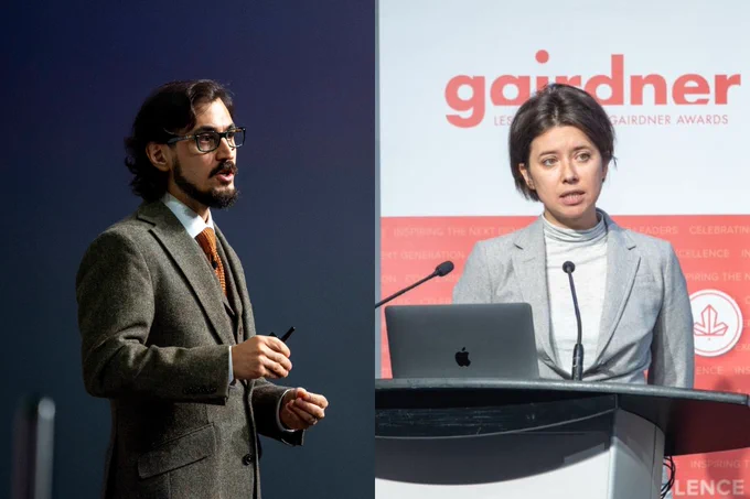 Composite of photos of Artem Babaian and Elena Kuzmin speaking at Gairdner Science Week 2023