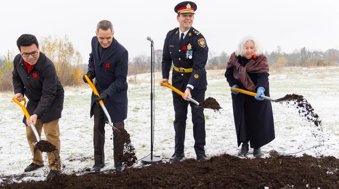 Councillor Wilson Lo, Mayor Mark Sutcliffe, Chief Eric Stubbs and Dr. Gail Beck, Police Services Board Chair