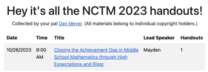 A screenshot of a webpage with NCTM sessions in rows and hyperlinks to handouts.