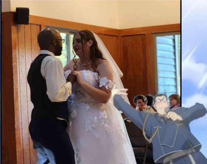 Photoshop of Maes Hughes from full metal alchemist presenting the wedding photo of my lovely wife