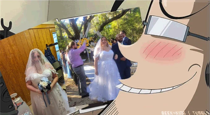 Photoshop of maes Hughes from full metal alchemist showing off two pictures of my wonderful wife