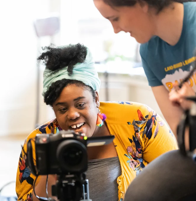 Multimedia Journalism Master’s program student Ranya Salvanta looks into a camera during production of a documentary to bring attention to an important story about the Black community in Oregon.