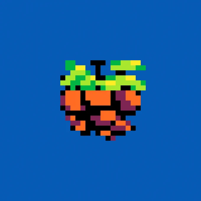 A piece of land floating in the air. It’s made out of warm rocks and greenery. In the midst of the greenery,  there's a silhouette that resembles some kind of hi-tech building. Pixel art.
