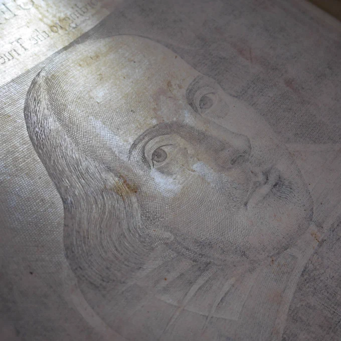 Close up image of the portrait page of Shakespeare's First Folio. From the collection of the University Library