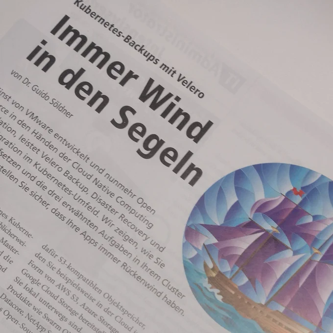 Artikel von Dr. Guido Söldner von Söldner Consult GmbH in der Novemberausgabe des IT Administrator. Seite 80 bis 84.
Heinemann Verlag.  Kubernetes- Backups mit Velero. 