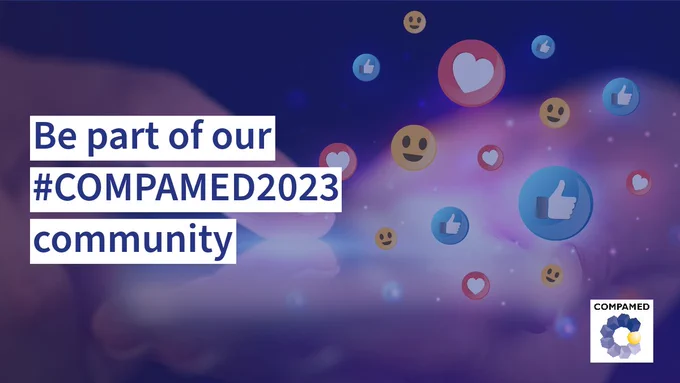 Image: Various emojis consisting of smileys, thumbs up and hearts on a smartphone display; text: Be part of our #COMPAMED2023 community; Copyright: Adobe | Messe Düsseldorf