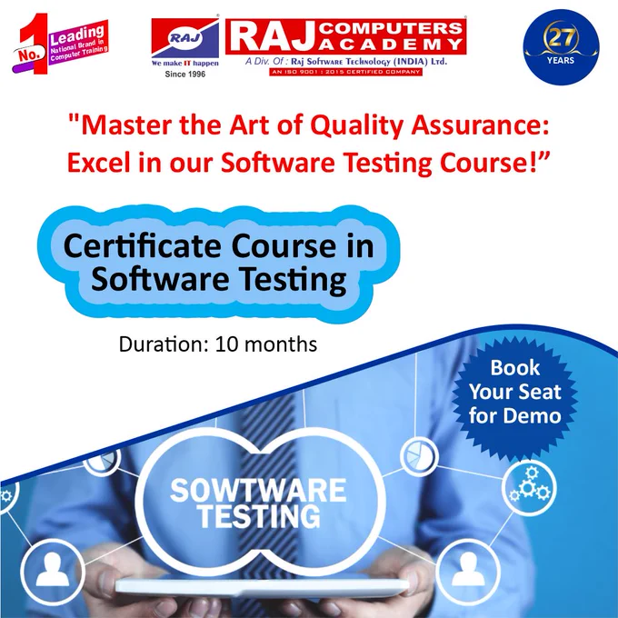 Leading National Brand in Computer Training Institute

Raj Computers Academy
CAREER बनाने में आपका सच्चा साथी

"Unlock the Secrets of Bug Hunting: Join our Software Testing Course Today!"

Join Certificate Course in Software Testing

#TestDrivenDevelopment #TestingCertification #TestingTechniques #SoftwareQuality #TestAutomation #QualityAssurance #TestingSkills #QATraining #SoftwareTesting