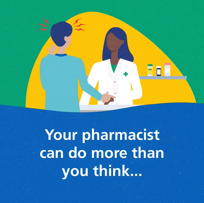 Graphic of person at pharmacy talking to a pharmacist. Text: Your pharmacist can do more than you think...