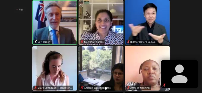 Screenshot from the online workshop showing the five main speakers and the sign language interpreter signing.