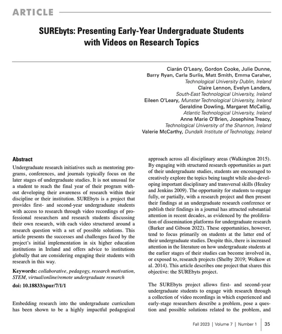 A screen grab of the "SUREbyts: Presenting Early-Year Undergraduate Students with Videos on Research Topics" paper showing the first page of the publication. 