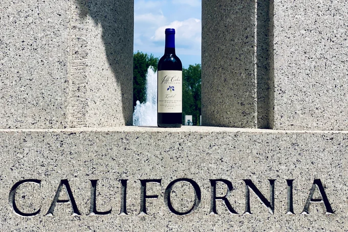 A bottle of 2018 Sweetwater Springs Zinfandel in the California pillar at the World War Two Memorial in Washington DC.