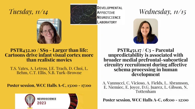 In the top center, a logo of a child figure within the brain reads "Developmental Affective Neuroscience Laboratory". On the left, on a yellow background, text reads "Tuesday, 11/14. PSTR432.10/SS9 - Larger than life: Cartoons drive infant visual cortex more than realistic movies. T.S. Yates, A. Letrou, J.E. Trach, D. Choi, L. Behm, C.T. Ellis, N.B. Turk-Browne. Poster session, WCC Halls A-C, 13:00 - 17:00." A logo below of a lightbulb with neural circuits reads "Neuroscience 2023". On the right, on a white background, text reads "Wednesday, 11/15. PSTR451.17/C3 - Parental unpredictability is associated with broader medial prefrontal-subcortical circuitry recrutment during affective schema processing in human development. A Vannucci, C. Vicioso, A. Fields, L. Abramson, E. Niemiec, E. Joyce, D.G. Juarez, L. Gibson, N. Tottenham. Poster session, WCC Halls A-C, 08:00 - 12:00." A small square headshot photograph of each researcher is also shown. 