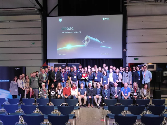 Students from University College Dublin at ESA ESTEC, the Netherlands, to celebrate their achievements in building Ireland's first satellite, EIRSAT-1