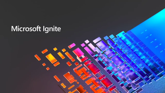 Microsoft Ignite 2023 image with black background and red, purple, blue and pink colours. 
