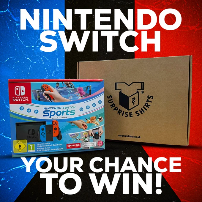 A blue, black and red background with Nintendo Switch and Surprise Shirts box in the foreground. White text reads 'Nintendo Switch, your chance to win!'.