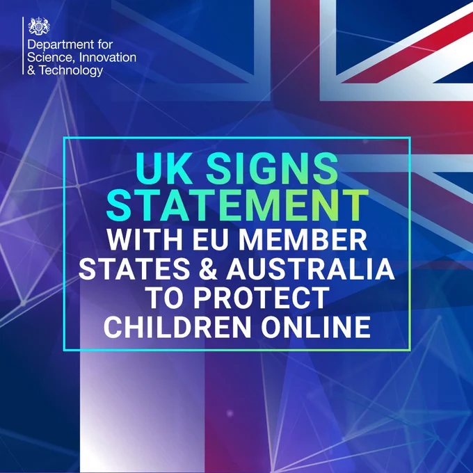 Graphic with Union Jack flag with text that reads 'UK signs statement with EU member states & Australia to protect children online'.