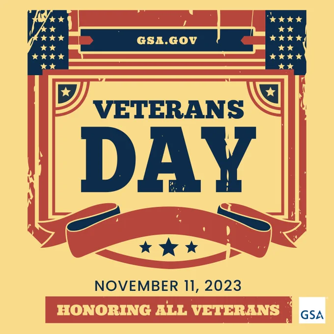 Vintage stylized poster image of red and blue patriotic bordering around a headline that reads: Veterans Day, November 11, 2023, Honoring All Veterans