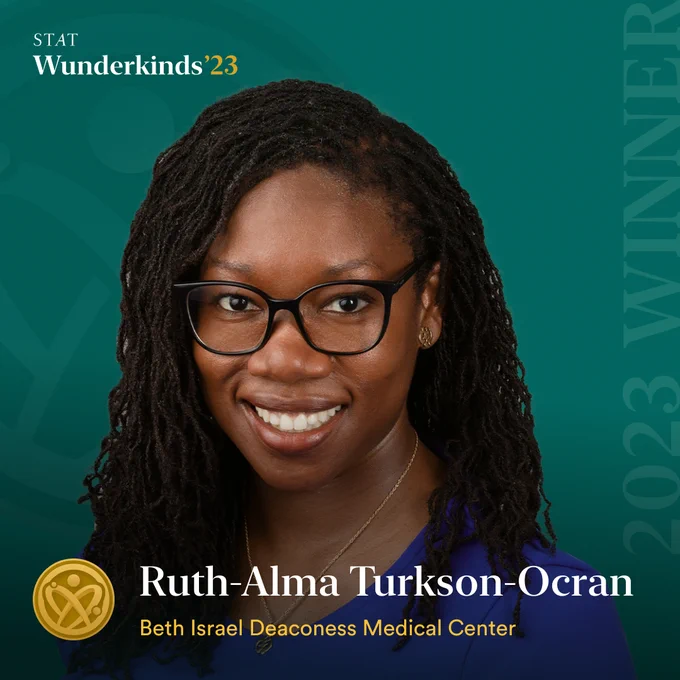 A green graphic for STAT Wunderkinds features a headshot of Ruth-Alma Turkson-Ocran of Beth Israel Deaconess Medical Center