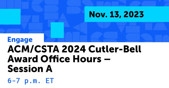 The event title sits on a white background with the time 6-7 p.m. ET. Above the date Nov. 13 is on a light blue banner, placed on top of a blue background with CSTA logos. 