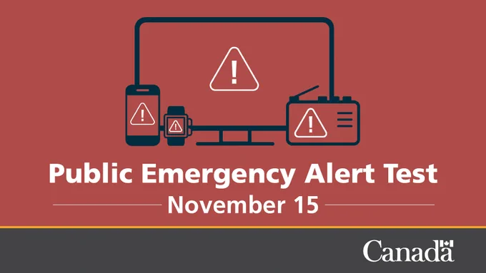 An illustration of a TV, cellphone, smartwatch, and a radio with the warning right icon on each screen. Text reads : “Public Emergency Alert Test. November 15”.