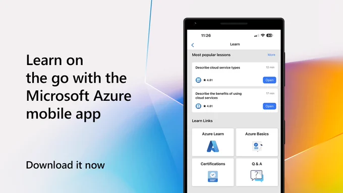 Microsoft Azure mobile app user interface. Text reads, "Learn on the go with the Microsoft Azure mobile app. Download it now."
