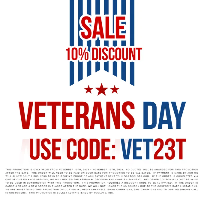 🇺🇸 Honoring our heroes this Veterans Day! 🎖️ Enjoy a special salute with 10% OFF on all purchases. 🛍️🎉 Use code VET23T at checkout. Your courage deserves our gratitude. Thank you for your service! 🙏 #VeteransDay #Sale #ShopNow
https://www.toolots.com/ng-frontend/welcome