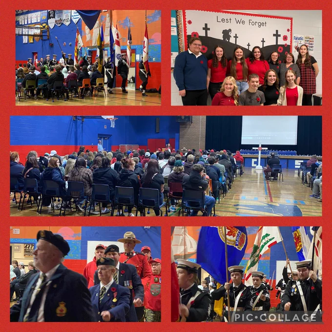A collage of photographs from a Remembrance Day Ceremony. Photos include a group of Sea Cadets and special guests, students who participated in the ceremony, and a photo of students seated for the ceremony.