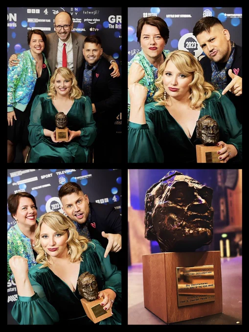 Bryony Arnold, Caroline O'Neill and Charlie Pheby from Deaf & Disabled People in TV, winners of the 2023 Grierson Hero of the Year Award, sponsored by Sky Documentaries posing with playwright and television writer Jack Thorn after he presented them with the award.
