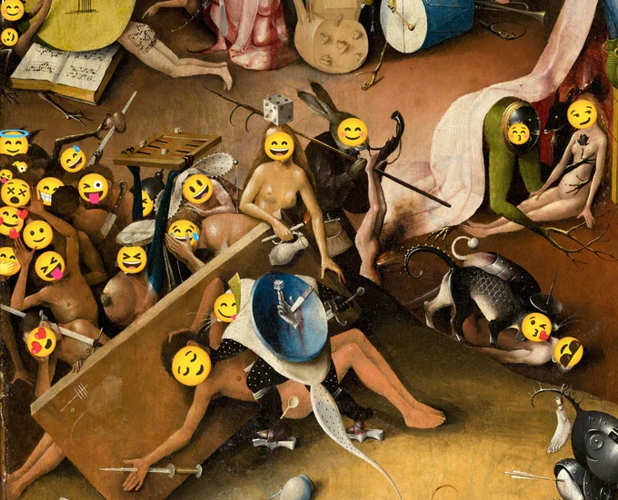 A hellscape from Bosch's 'Garden of Earthly Delights,' with every face replaced by a smiley emoji.