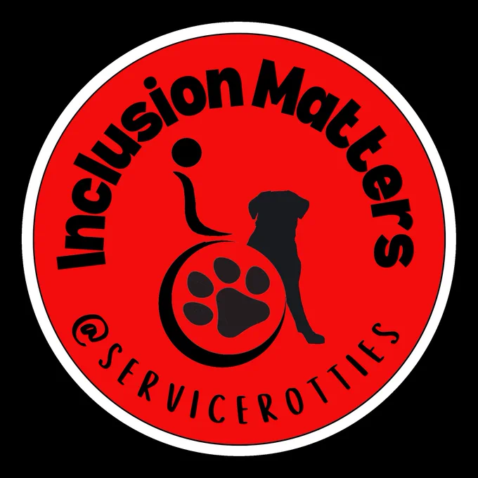 A white circle around a red background with a black image of silhouette of a person in a wheelchair and a dog. There is a paw print in the wheel. The words "Inclusion Matters arch over the top and the username @servicerotties is below.