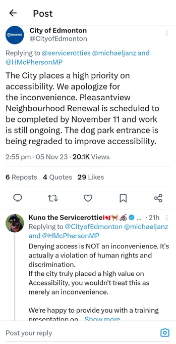 A screenshot from the city of Edmonton reading "The City places a high priority on Accessibility. We apologize for the inconvenience. Pleasantview neighborhood renewal is scheduled to be completed by November 11th and work is still ongoing. The dog park entrance is being regraded to improve Accessibility. "